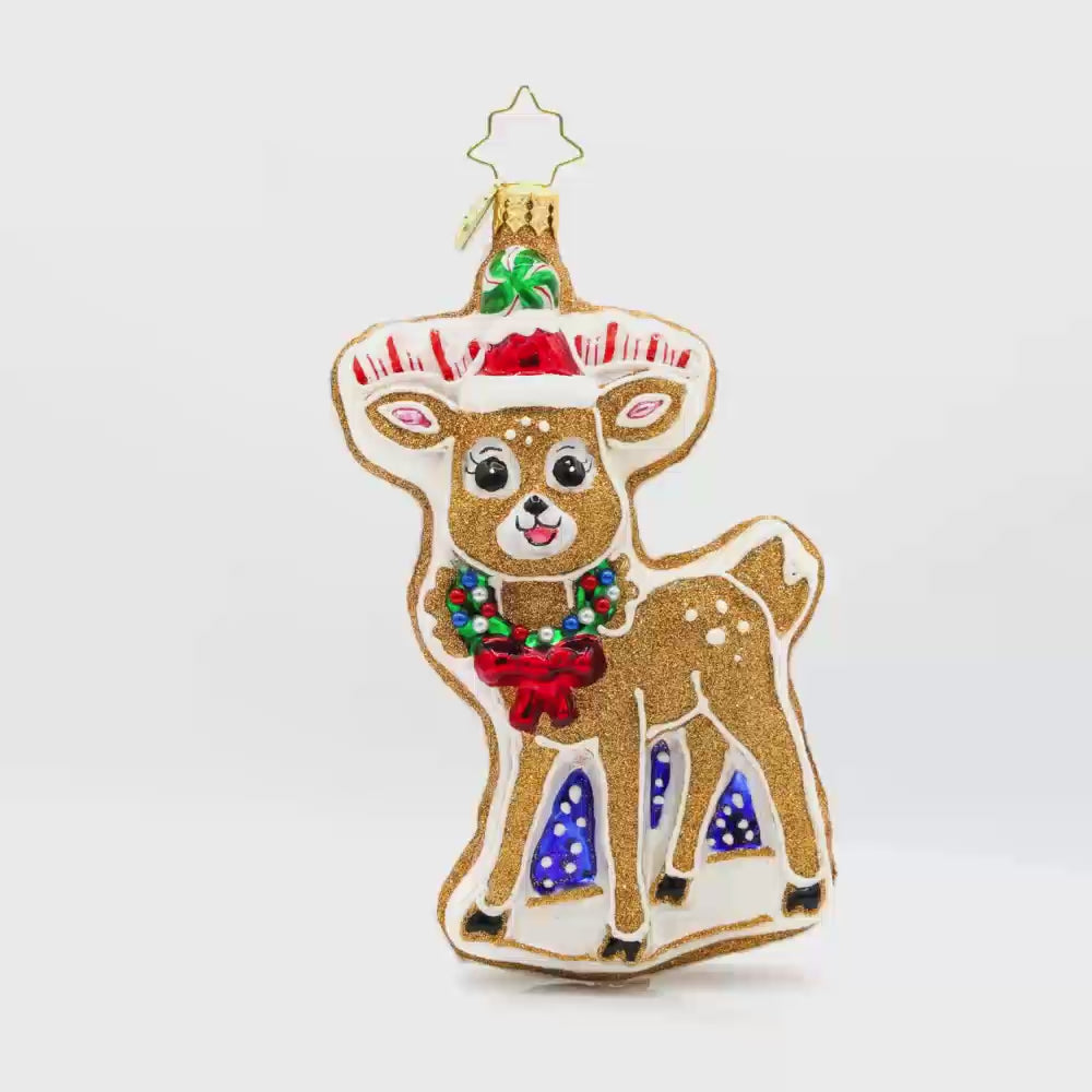 Doughy Dasher ornament. A cookie shaped like a deer in festive gear. Video.