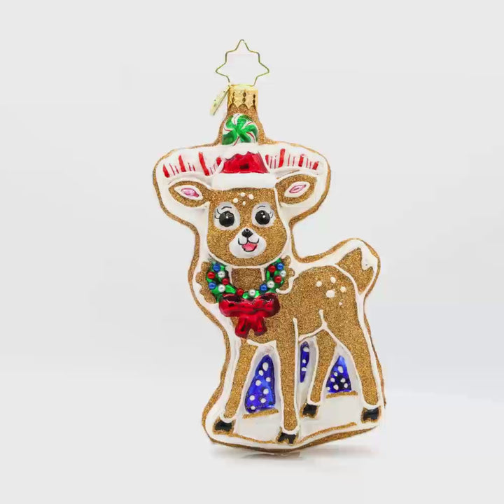 Doughy Dasher ornament. A cookie shaped like a deer in festive gear. Video.
