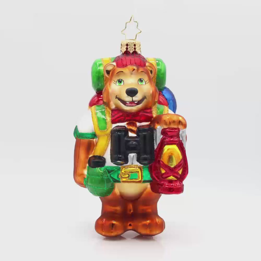 Wilderness Wanderer Bear ornament. This bear has all the camping gear you need. He sports a backpack, lantern, binoculars, plus more! Video.