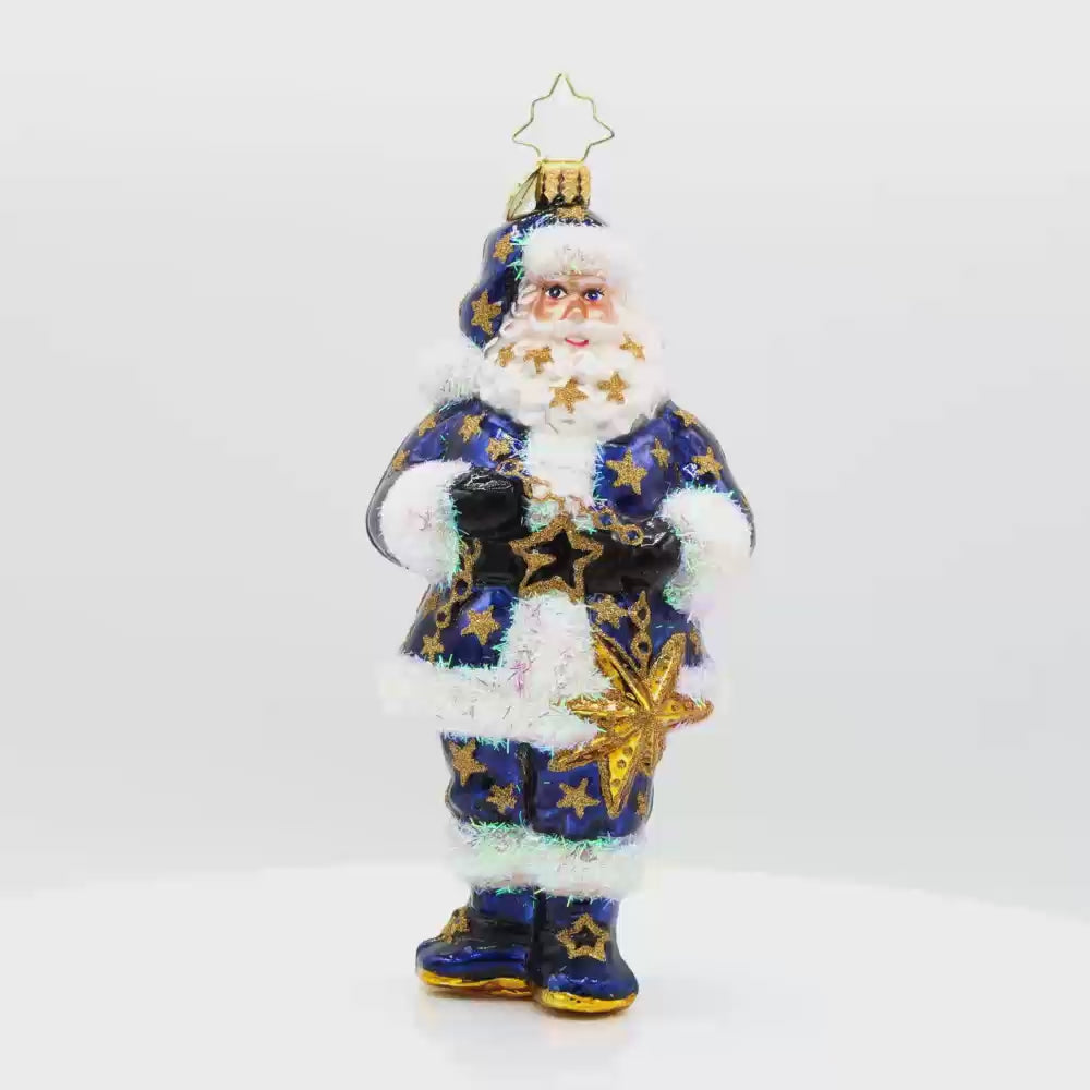 Starry Suit St. Nick ornament. Santa is donned in a blue suit all decked out in stars. Video.