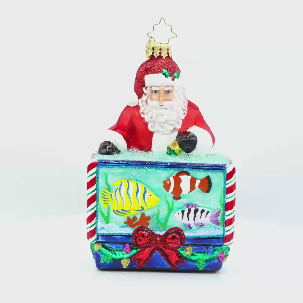 St. Nick's Nautical Nook ornament. Featuring Santa with a magical aquarium filled with colorful fish. Video.