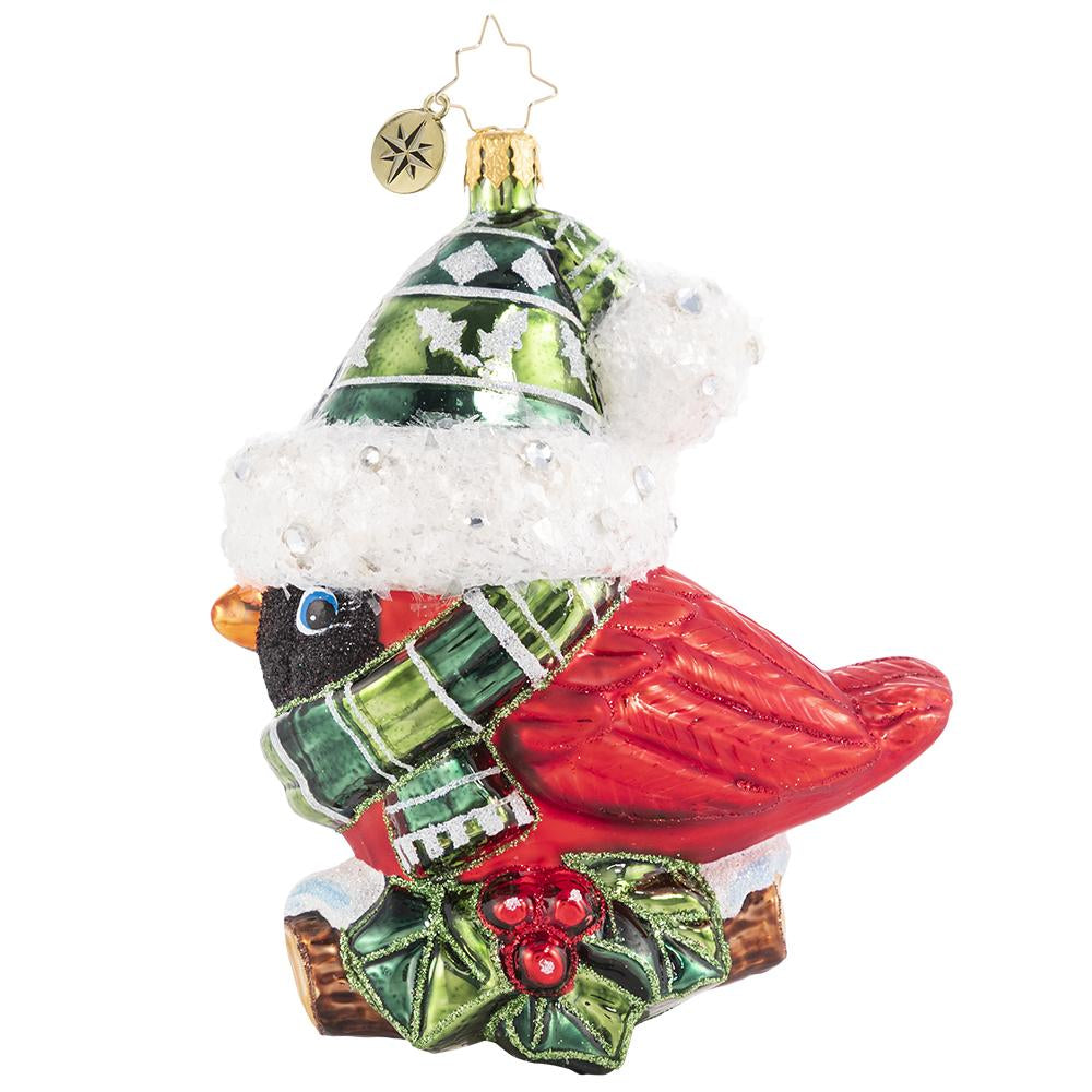 Front - Ornament Description - Bundled-Up Feathered Friend: When temperatures drop, every forest creature must find their own way to keep warm. This creative cardinal was lucky to come across this pint-sized set to bundle up--perched high on a holly branch, he shows off his festive finds for all to see.