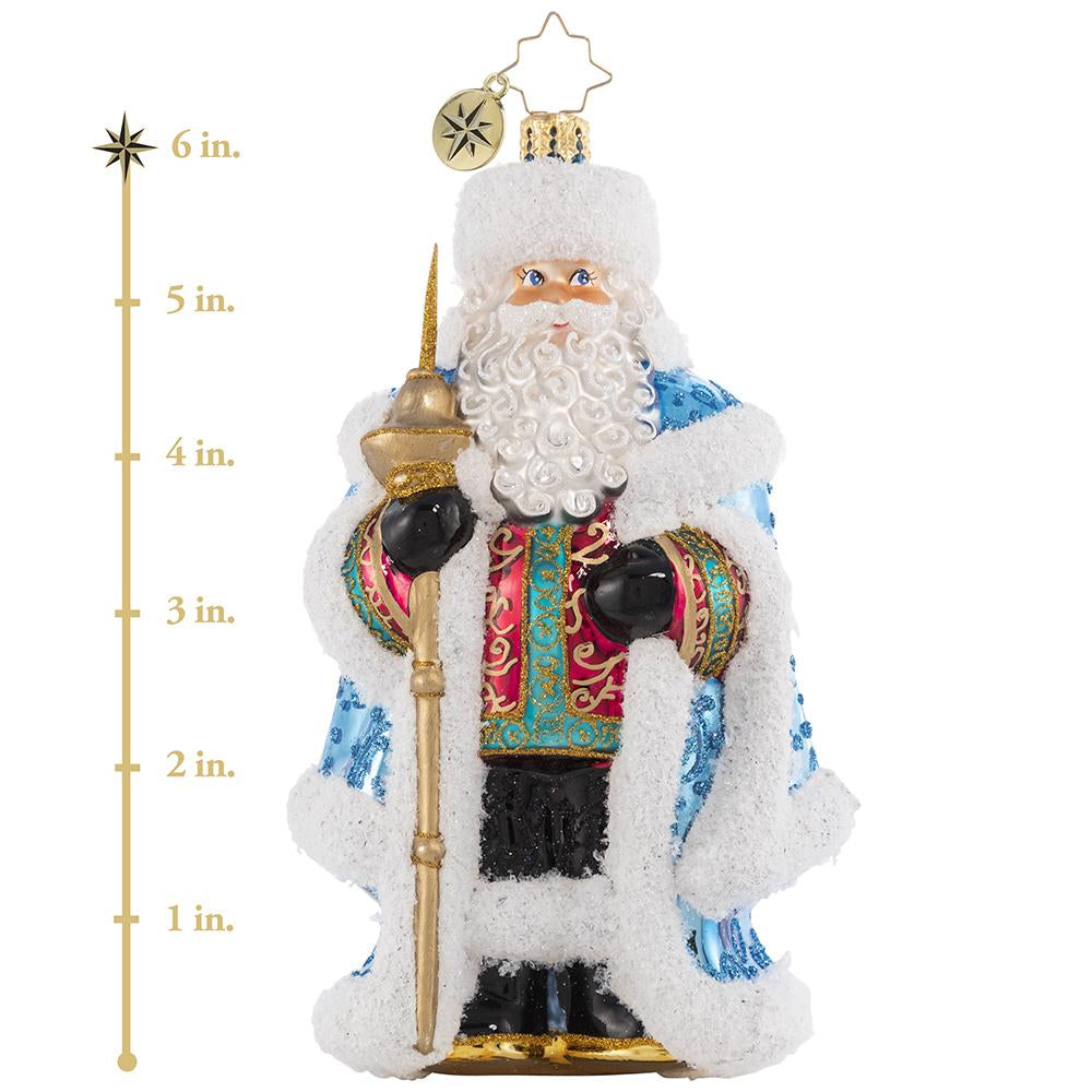 Ornament Description - Spiffy For the Soiree: He is truly the king of Christmas! Looking positively royal in ice-blue regalia, Santa awaits the arrival of his guests at his annual holiday jubilee. This photo shows the ornament is about 6 inches tall. 