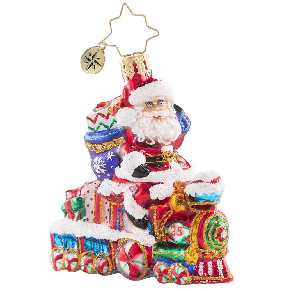 Front - Ornament Description - On the Tracks Santa Gem: Choo chooâ€”it is the Holiday Express! Santa is all aboard on this little locomotive, on his way to spread Christmas cheer to one and all.