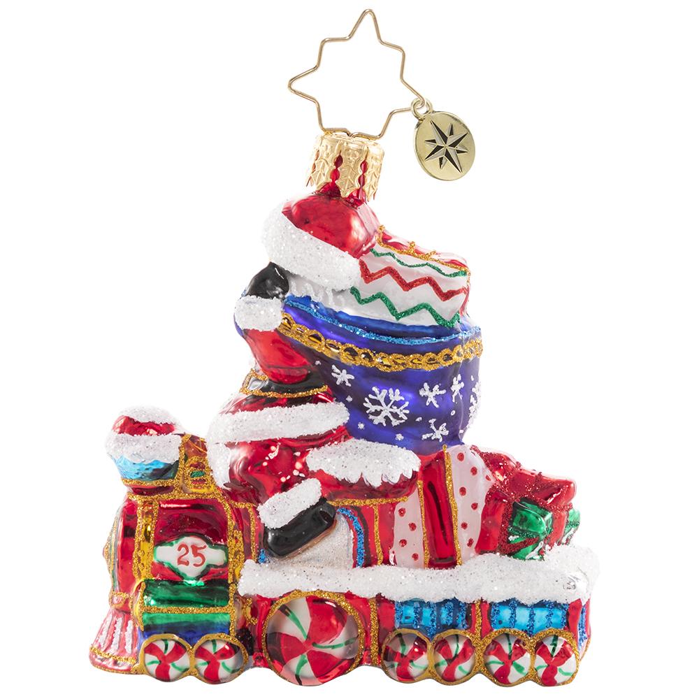 Back - Ornament Description - On the Tracks Santa Gem: Choo chooâ€”it is the Holiday Express! Santa is all aboard on this little locomotive, on his way to spread Christmas cheer to one and all.
