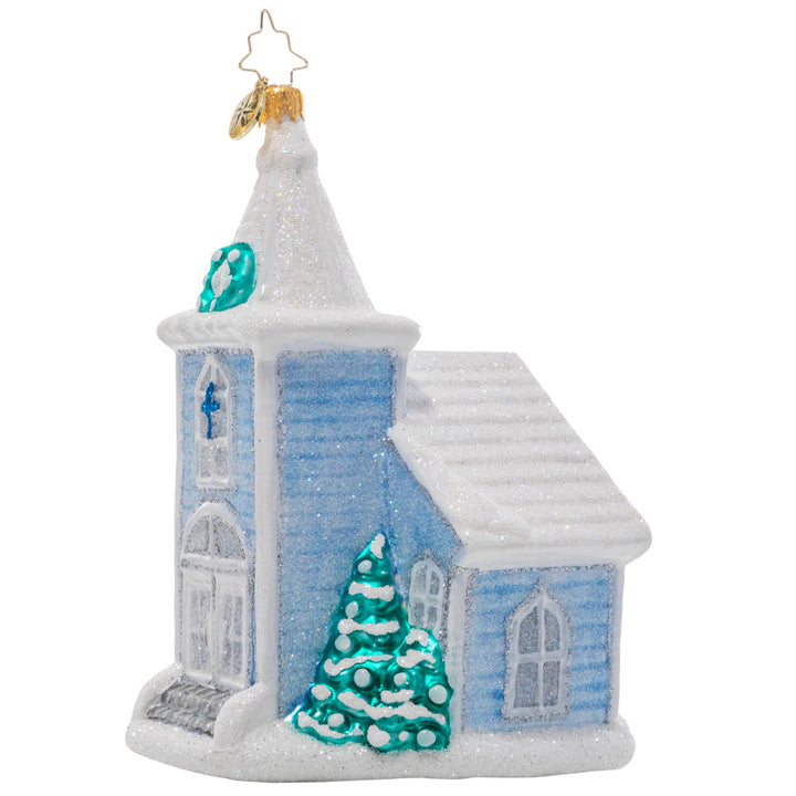 Side View - Ornament Description - White Christmas Chapel: Nestled in new-fallen snow, this glistening chapel is what white Christmas dreams are made of! Hang it from your tree to remind you of the warmth that comes from gathering together to celebrate the reason for the season.