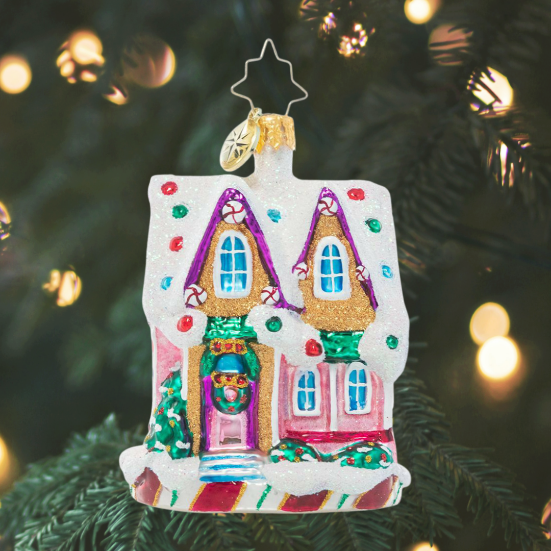 Ornament Description - Marvelous in Mint Gem: Sweet dreams are made of these! This lovely little gingerbread house twinkles with holiday spirit, generously laden with icing "snow" and bedecked with jewel-like gumdrops.