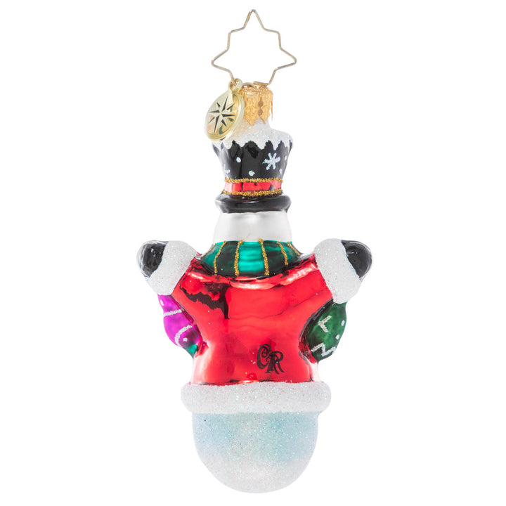 Back - Ornament Description - Crochet All Day Gem: This little snowman has been hard at work with his crochet needles! He's proud as punch to show off his heartfelt, hand-made holiday message.