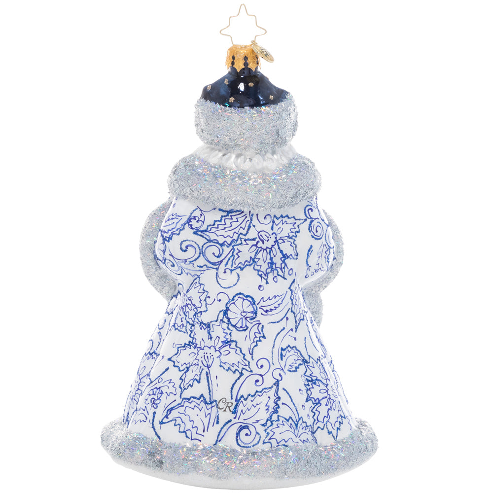 Back - Ornament Description - Cheerful Chinoiserie Santa: The definition of Christmas elegance, Santa stuns in robes inspired by the intricate designs of European Chinoiserie. In snow white and rich sapphire blue, he looks like a work of art himself!