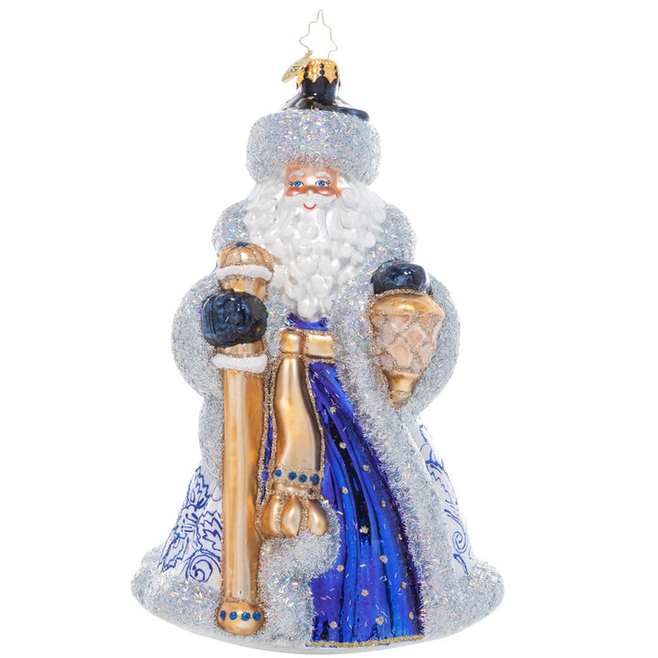 Front - Ornament Description - Cheerful Chinoiserie Santa: The definition of Christmas elegance, Santa stuns in robes inspired by the intricate designs of European Chinoiserie. In snow white and rich sapphire blue, he looks like a work of art himself!