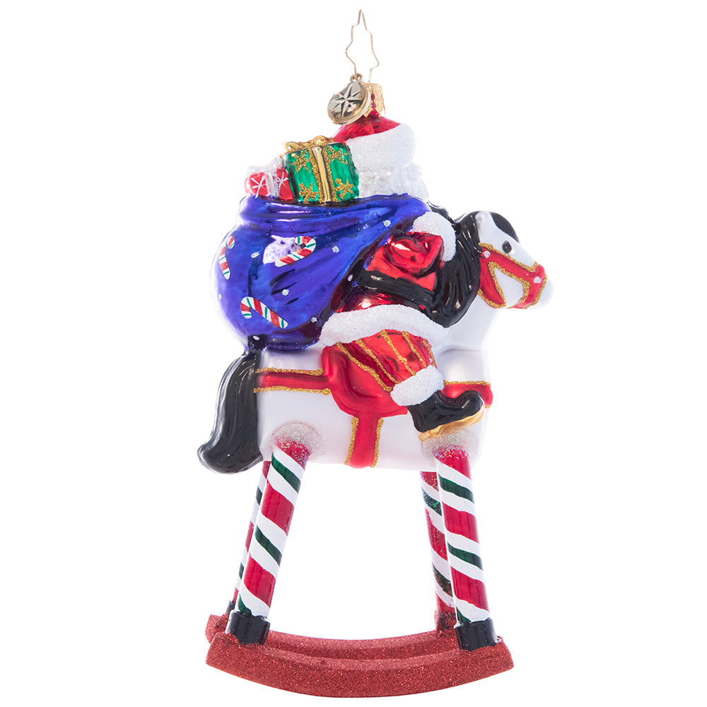 Ornaments - Description: Santa is arriving in style this Christmas...on a festive rocking horse! With his bag full of treasure snugly tucked on his back, this Santa would be a whimsical addition to any collection.