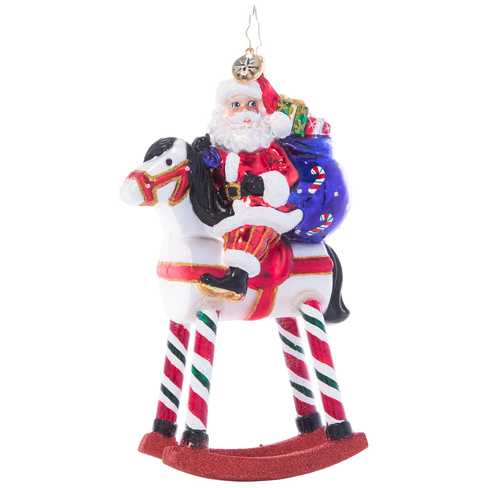 Ornaments - Description: Santa is arriving in style this Christmas...on a festive rocking horse! With his bag full of treasure snugly tucked on his back, this Santa would be a whimsical addition to any collection.