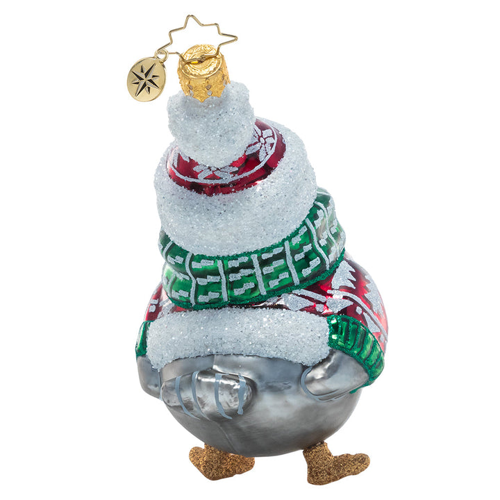 Back - It gets awfully c-c-cold up here in the North Pole, but luckily our feathered friend is prepared! He's bundled up against the winter chill in his coziest fair isle accessories.
