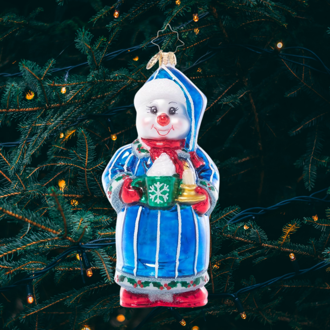 Ornament Description - Sweet Dreams Snowman: With a cup of cocoa in hand and wrapped in his softest winter robe, this sweet snowman has everything he needs for a cozy night in!
