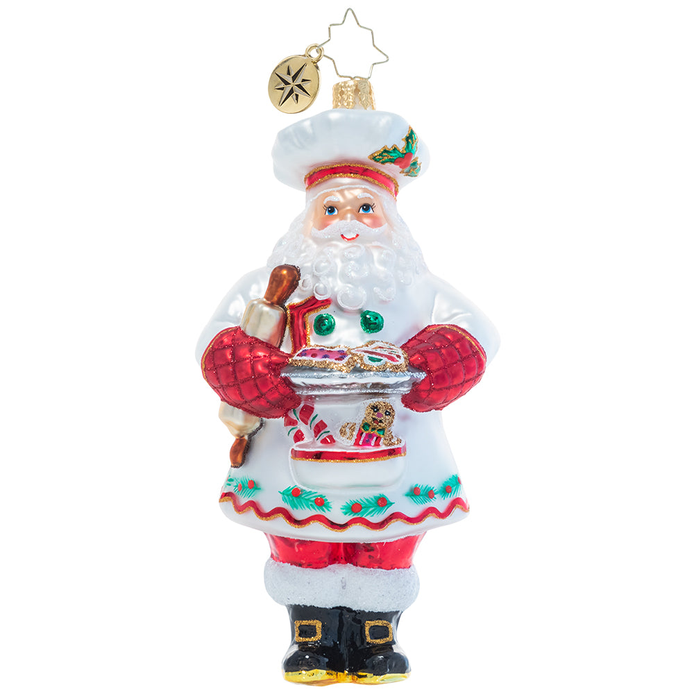 Front - Ornament Description - Cheerful Christmas Confectioner: A man of many talents, it should come as no surprise that Santa is a masterful Christmas cookie baker. He'll never share his secret ingredient, but we have a feeling it has to do with a little Christmas magic!