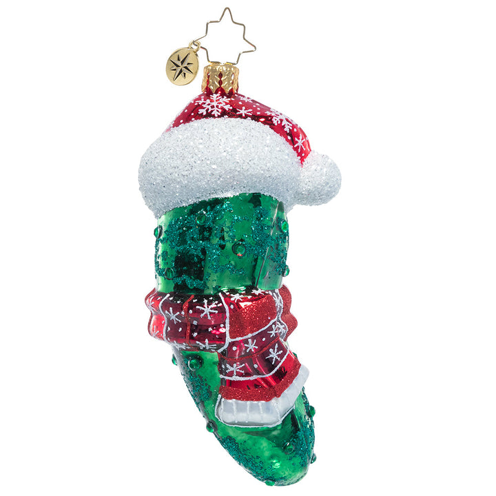 Front - Ornament Description - Chilly Christmas Pickle: The weather outside is quite frightful, but the fire is so dill-ightful! This playful pickle is all bundled up for the cold. Find him hidden in your tree for good luck!