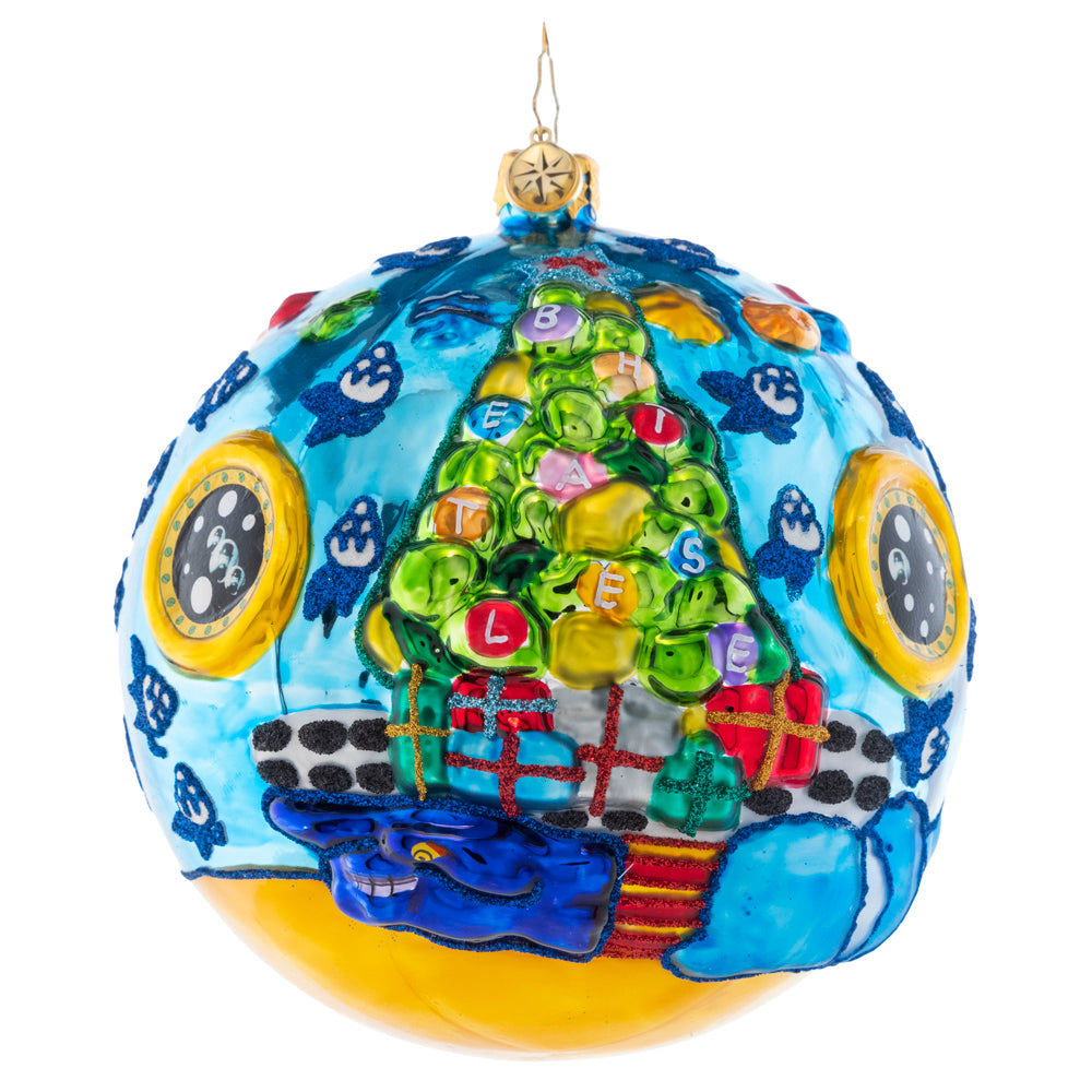 Back - Ornament Description - Christmas on the Sub: Sgt Pepper is hosting a Christmas Party below sea level and you're invited! This round captures a festive holiday scene featuring some familiar faces from Pepperland.