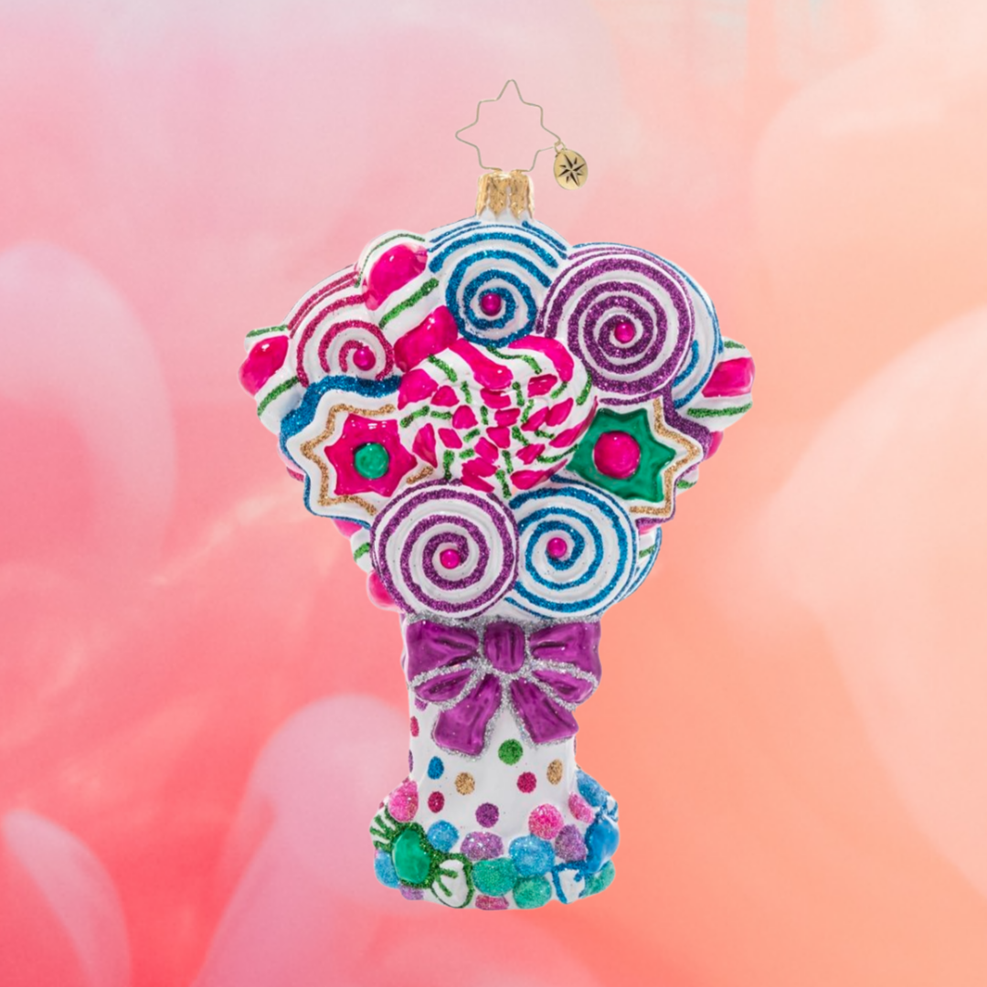 Ornament Description - Spectacular Sweets Bouquet: Love is sweet! Celebrate your sweetie with this bountiful bouquet of colorful lollipops and candies.