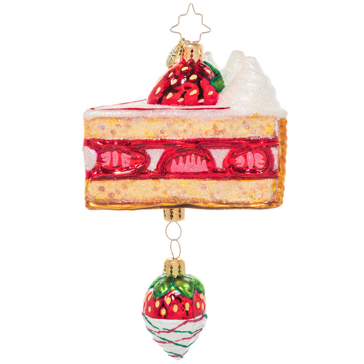 Back - Ornament Description - Divine Dessert: Strawberries and cream-a dream! Sweet berries and whipped cream adorn a delightful sponge cake, with one juicy berry dangling below. It looks good enough to eat!