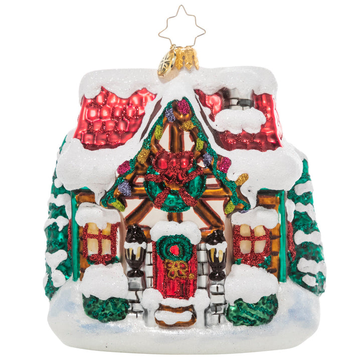 Front - Ornament Description - The Coziest Cottage: The snow is coming down! Drifts are piling up and this little cottage is looking cozier by the minute with its holiday lights and a festive wreath.