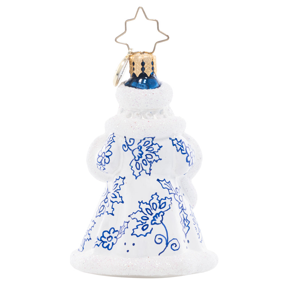 Back - Ornament Description - Cheerful Chinoiserie Santa Gem: This stunning Santa is decorated with a charming Chinoiserie pattern – a wonderful way to bring whimsy and elegance to your tree.