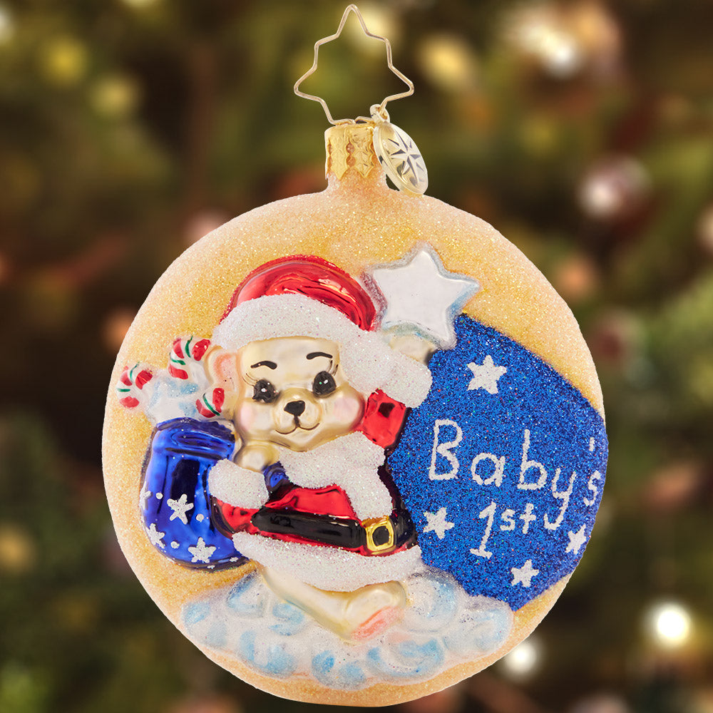 Ornament Description - Darling 1st Christmas Gem: Celebrate your little one's first Christmas with this cherished crescent-moon Little Gem. A baby-bear with a Santa hat is the star of this sweet keepsake piece.