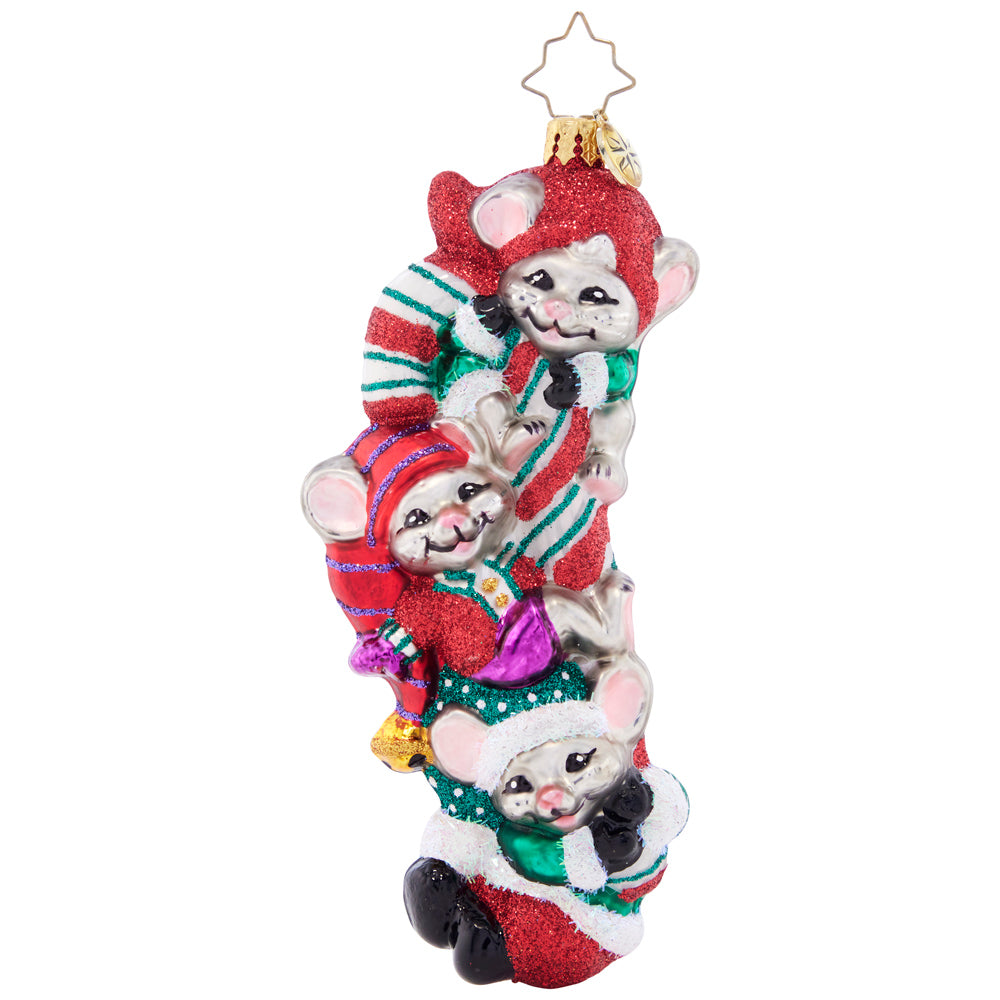 Front - Ornament Description - Making Mouse-chief: These three mischievous mice are feeling particularly merry, now that they've got their paws on a giant candy cane! Nestle this adorable piece among the boughs of your tree, and enjoy a glimpse of Christmas glee!