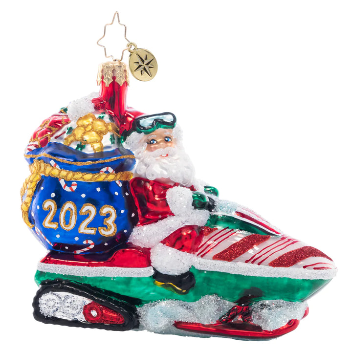 Front - Ornament Description - Vroom Vroom Santa: Santa has the need for speed! He'll deliver presents in half the time this year thanks to his new snow-mobile.