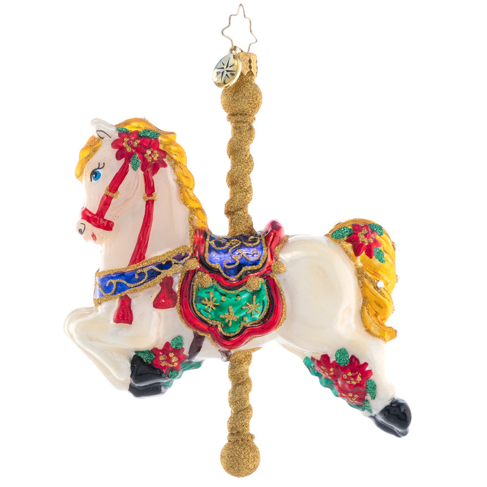 Side View - Ornament Description - Carousel Ride: Ornately painted with red roses, this beautiful carousel horse evokes joyful childhood memories of merry-go-rides.