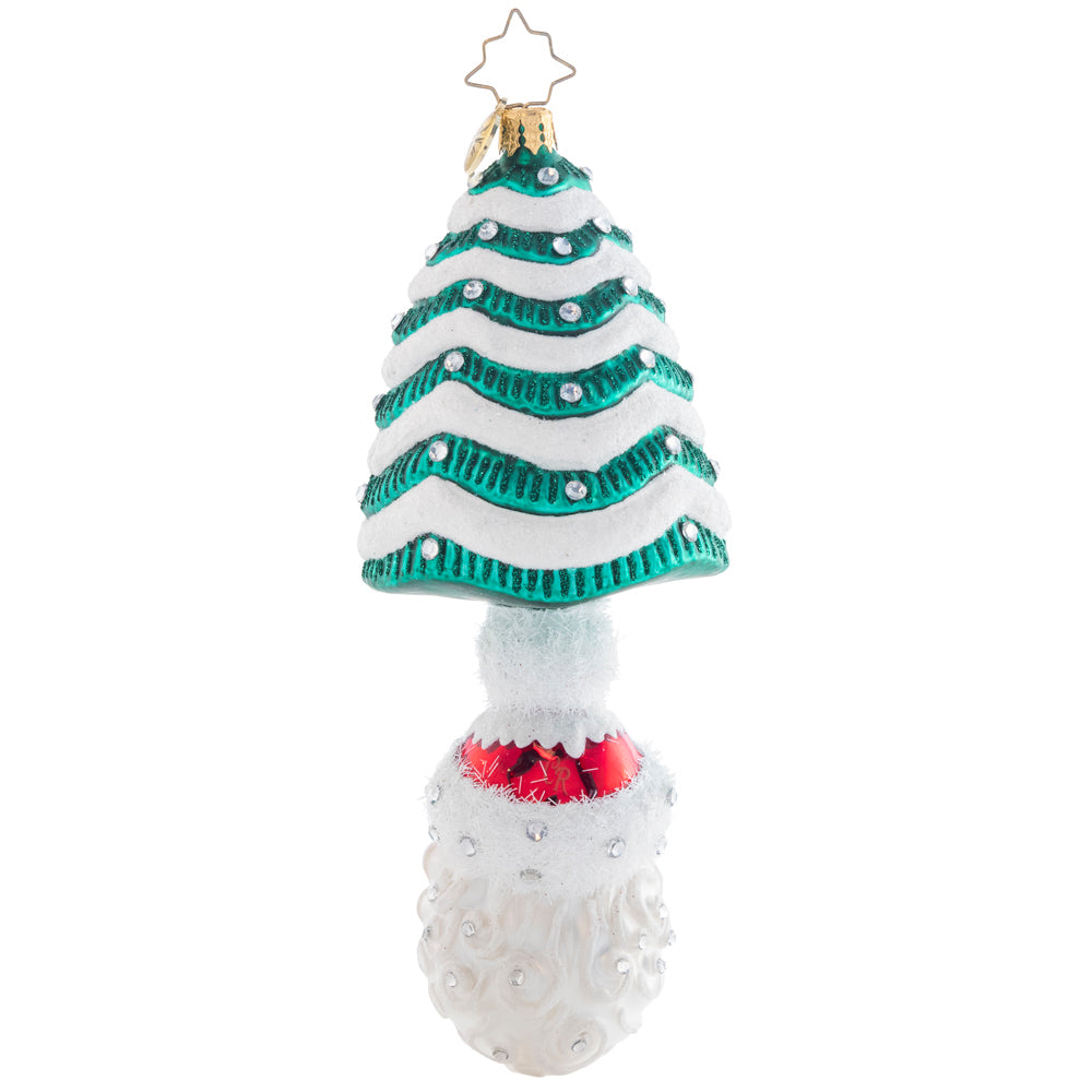 Back - Ornament Description - Under The Tree Santa: Topped with a snow-covered Tannenbaum, this classic Santa ornament is the most wonderful gift of all! His rosy cheeks and droll little smile embody the cheer of the holiday season.