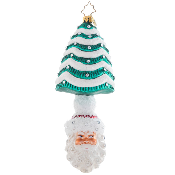 Front - Ornament Description - Under The Tree Santa: Topped with a snow-covered Tannenbaum, this classic Santa ornament is the most wonderful gift of all! His rosy cheeks and droll little smile embody the cheer of the holiday season.