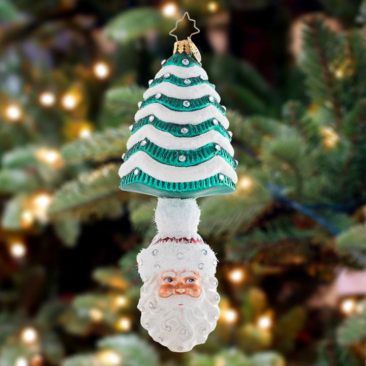 Ornament Description - Under The Tree Santa: Topped with a snow-covered Tannenbaum, this classic Santa ornament is the most wonderful gift of all! His rosy cheeks and droll little smile embody the cheer of the holiday season.