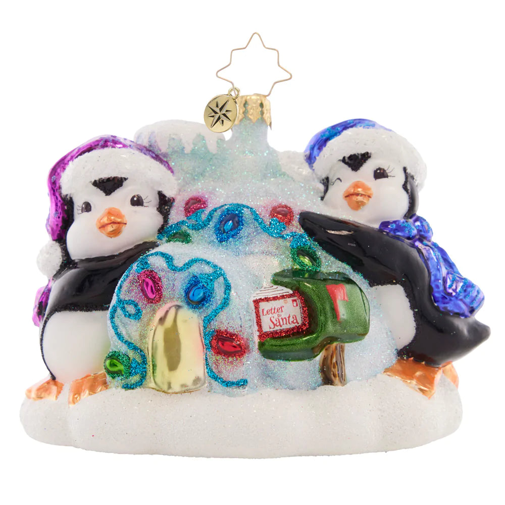 Front - Ornament Description - Welcome Home Igloo: This pair of penguins have adorned their icy igloo in holiday lights, read to greet Santa on Christmas Eve!
