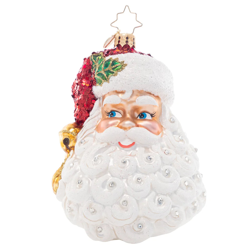 Front - Ornament Description - Sparkling Saint Nick: With a bell-tipped Santa hat adorned with radiant ruby-red glitter, this sweet St. Nick is looking his absolute best this holiday season.