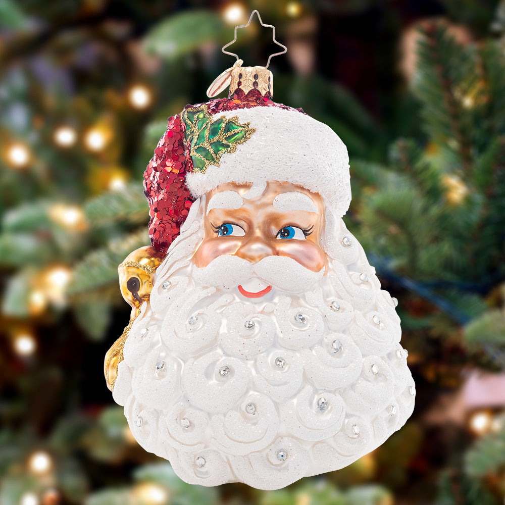 Ornament Description - Sparkling Saint Nick: With a bell-tipped Santa hat adorned with radiant ruby-red glitter, this sweet St. Nick is looking his absolute best this holiday season.