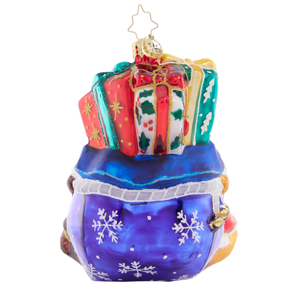 Back - Ornament Description - Bear Hugs Abound: Three little bears surround this bag of ornately decorated Christmas gifts – the cutest addition to your tree!