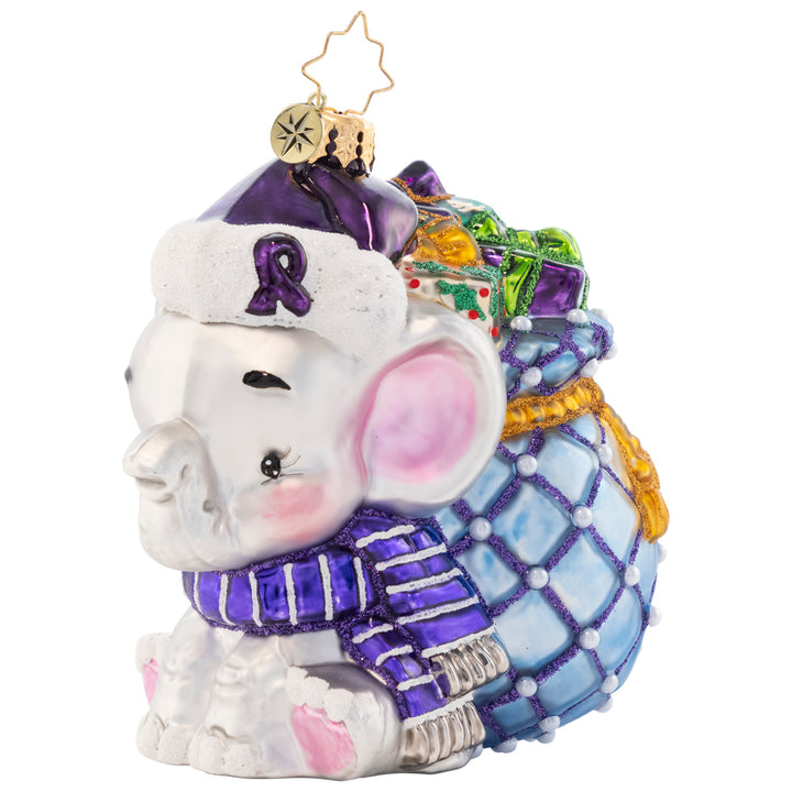 Side View - Ornament Description - An Elephant Never Forgets!: An elephant who never forgets to treat others, no matter what they're going through, with compassion, love, and respect. A percentage of the sales from this ornament will benefit Alzheimer’s awareness.