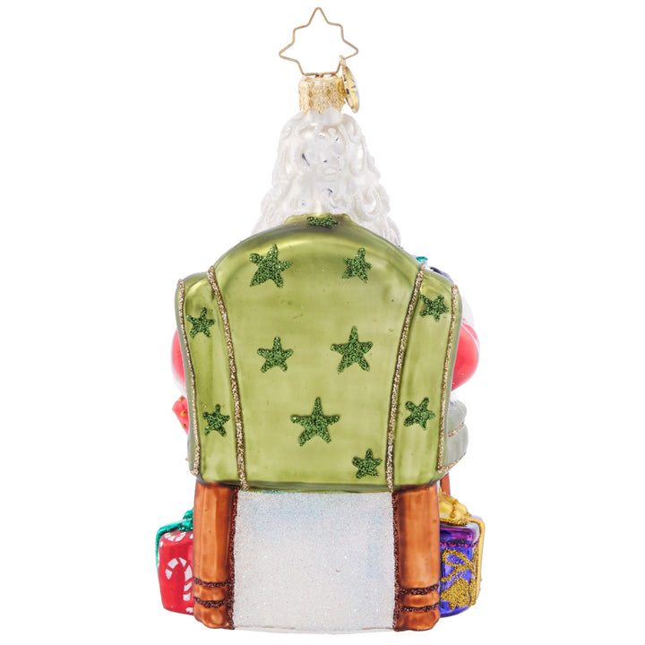 Back - Ornament Description - Break Time Santa: Hats off to a much needed coffee break! Santa takes a moment to sit back and relax with a steaming hot cup of joe before returning to his important present wrapping tasks.