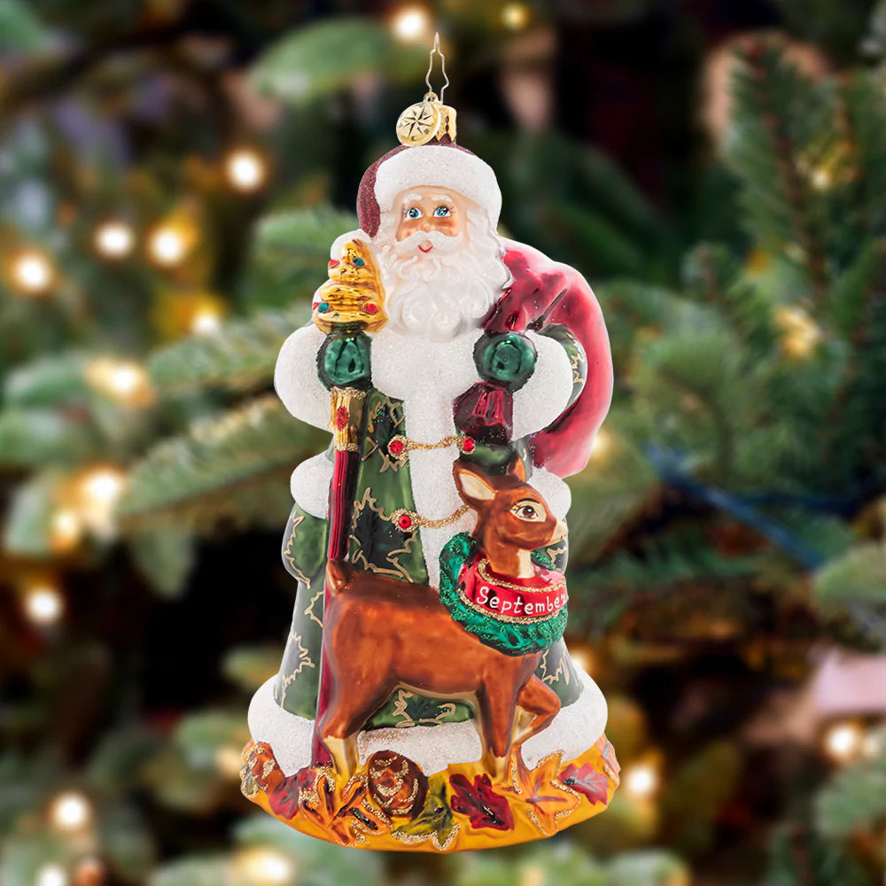 Ornament Description - Autumn Colors: The ninth piece in our Ornament of the Month collection celebrates autumn! Festive as ever for the fall harvest, Santa is sporting a lovely leaf-covered cloak.