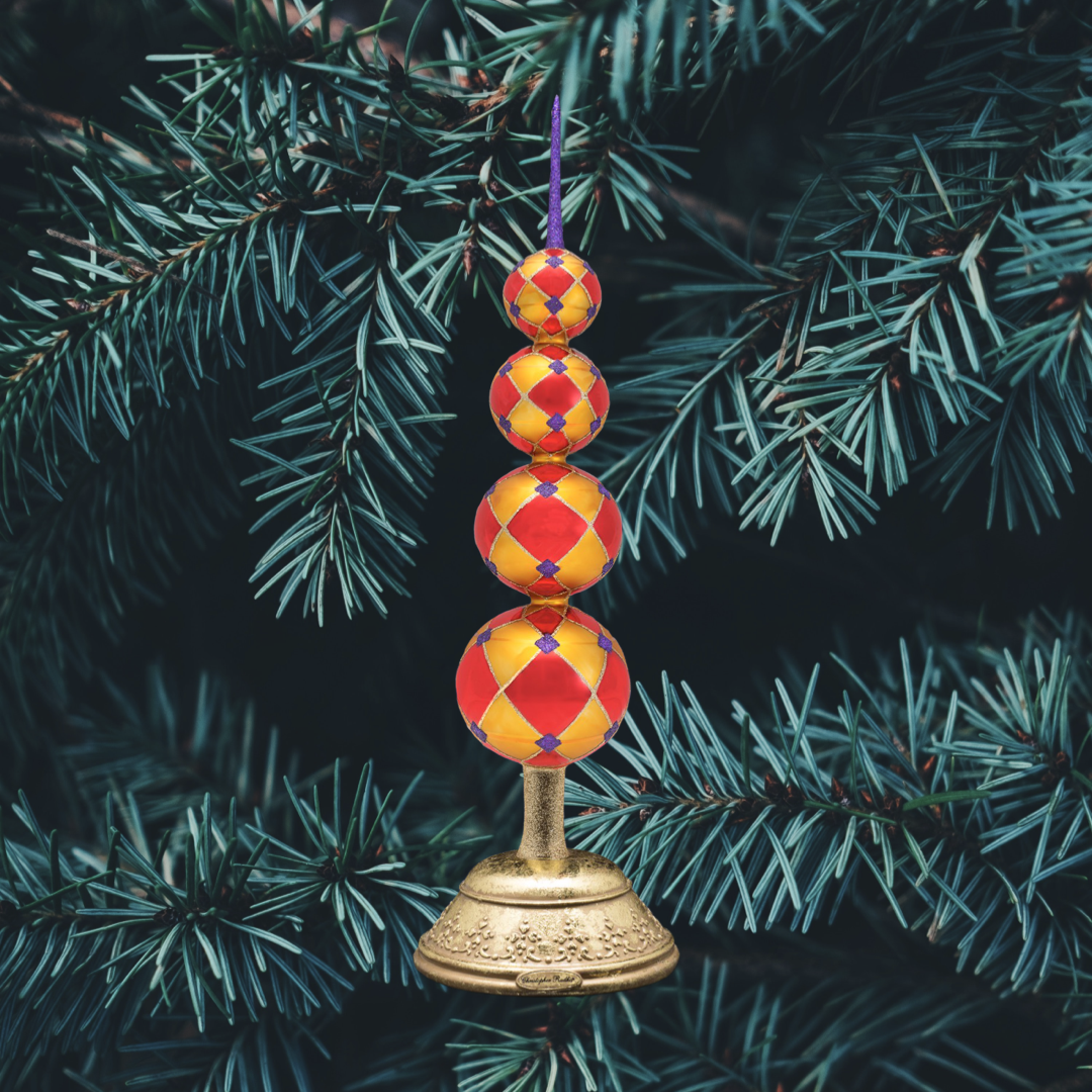Finial Stand Description - Radko Luxe Finial Stand: What do you do when you have two beautiful finials but only one Christmas tree? This classy golden stand allows you to show them both off during the same holiday season!