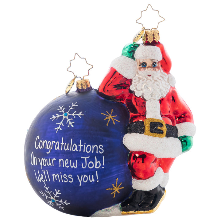 Ornament Description - Having a Ball: Santa is taking a rest against a beautifully decorated ornament. Add your own personal message on this ornament to create a one of a kind piece. Note: Please allow approximately one month (on top of shipping time) for our elves to personalize your ornament.