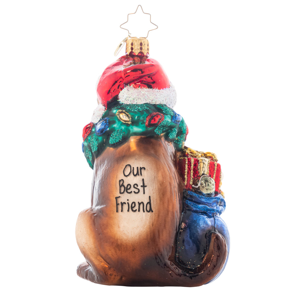 Back - Ornament Description - Noble Brown Lab: Now you can personalize an ornament for your favorite pup! This brown lab is ready to celebrate Christmas with the family! Kind and loyal this lab is enthusiastic to play the game fetch and go swimming on this holiday full of fun and family! Note: Please allow up to one month (on top of shipping time) for our elves to personalize your ornament.