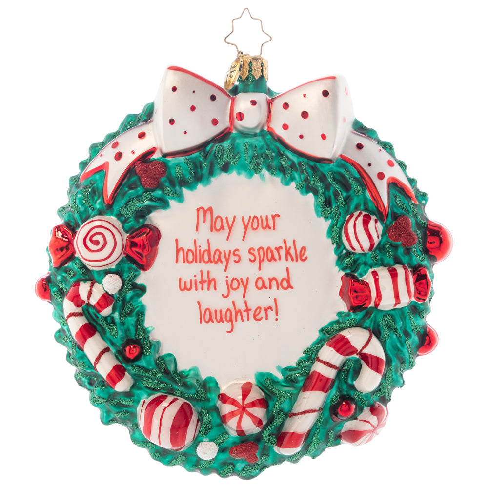 Ornament Description - Candy Cane Delight Personalized: A thoughtful, well-rounded holiday treat; a ring of warm wishes and peppermints so sweet! This commemorative wreath is the perfect way to celebrate the sweetest season of them all! Note: Please allow approximately one month (on top of shipping time) for our elves to personalize your ornament.