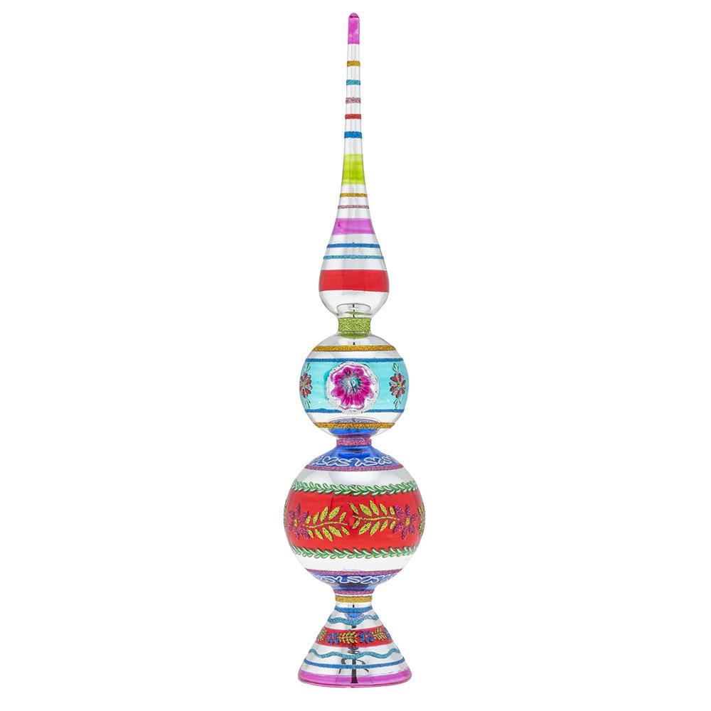 Back - Christmas Tree Finials - Description: Christmas Confetti 13" Finial Stand With Reflectors - Cheerful holiday brights and vintage-inspired shapes come together in this showstopping glass finial that is sure to turn heads with its fun retro flair!