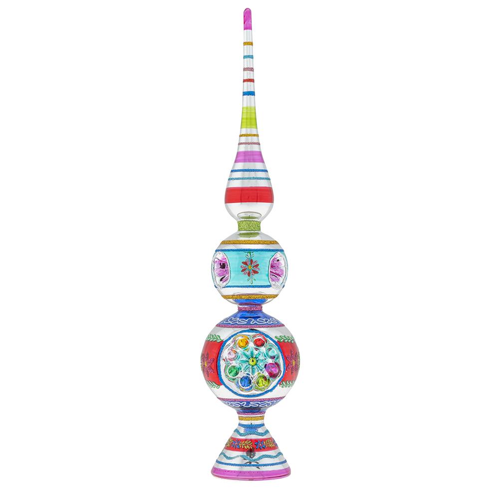Christmas Tree Finials - Description: Christmas Confetti 13" Finial Stand With Reflectors - Cheerful holiday brights and vintage-inspired shapes come together in this showstopping glass finial that is sure to turn heads with its fun retro flair!