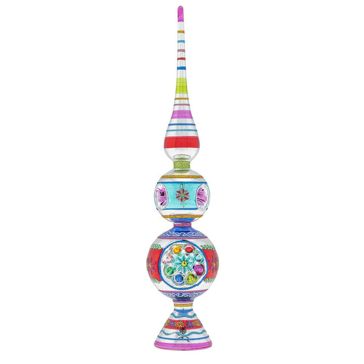 Christmas Tree Finials - Description: Christmas Confetti 13" Finial Stand With Reflectors - Cheerful holiday brights and vintage-inspired shapes come together in this showstopping glass finial that is sure to turn heads with its fun retro flair!