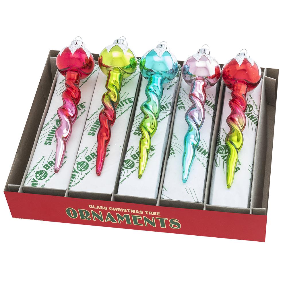 Ornament Set Description - Festive Fete 5 Count 5" Glass Icicles: Shining bright in vintage-inspired shades, these five snow-capped icicles are ready to hang on your tree!
