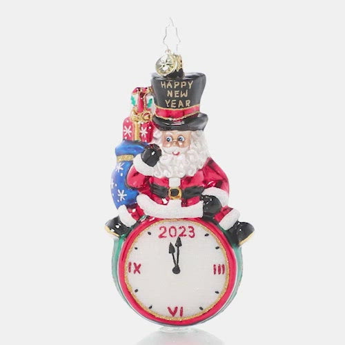 Video - Ornament Description - Counting Down to 2023: Tick, tock, tick, tock… all eyes are on the clock! Santa merrily leads the big countdown to midnight on New Year's Eve.