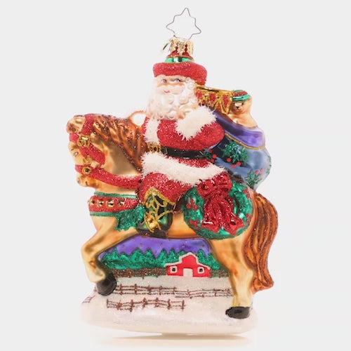 Video - Ornament Description - Wild West Samta: Saddle up, Santa! Atop his trusty steed, Wild West Santa is galloping to the dude ranch for Christmas. He's looking forward to kicking up his boots and relaxing by the camp fire. This video shows the ornament spinning slowly. 