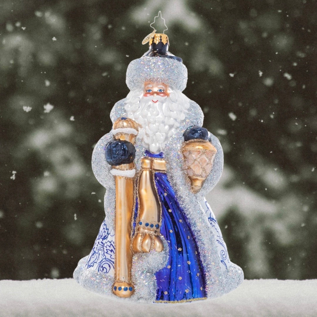 Ornament Description - Cheerful Chinoiserie Santa: The definition of Christmas elegance, Santa stuns in robes inspired by the intricate designs of European Chinoiserie. In snow white and rich sapphire blue, he looks like a work of art himself!